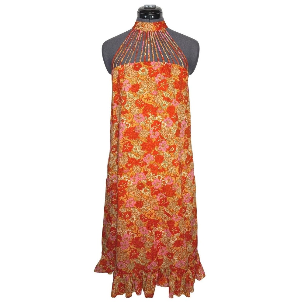 Vtg 60s 70s Floral psychedelic mod Cage Halter‎ Dress Boho 35-36-48 S/M - Picture 2 of 14